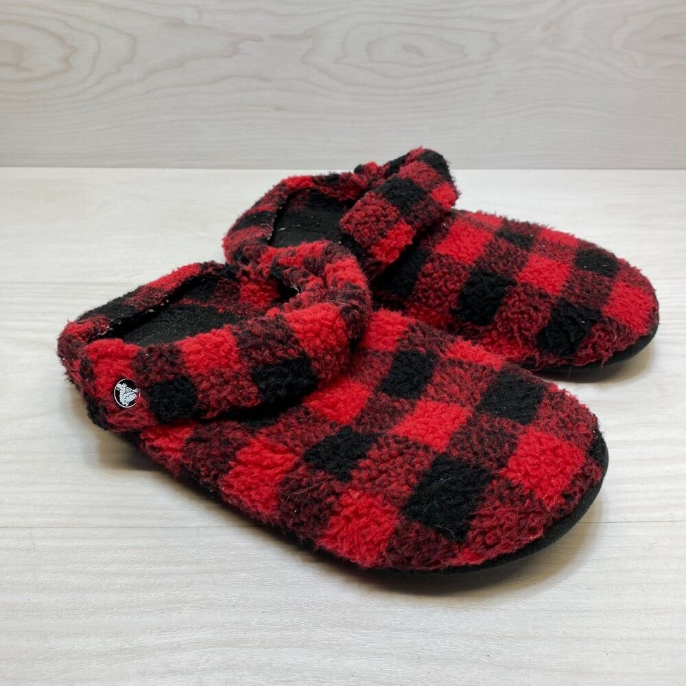 Crocs Slippers Womens Size 9‎ Red Black Buffalo Check Cozzzy Faux Fur Classic